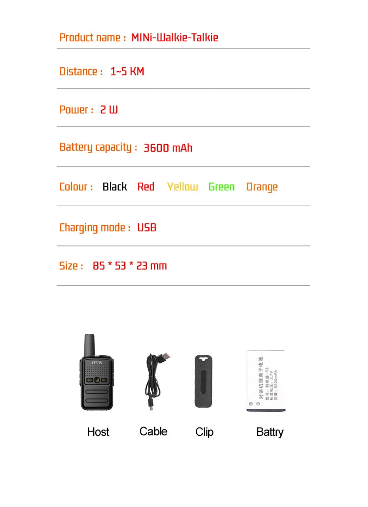 2pcs Mini 1~5 Km Two Way Transceiver Colorful Walkie Talkie Radio