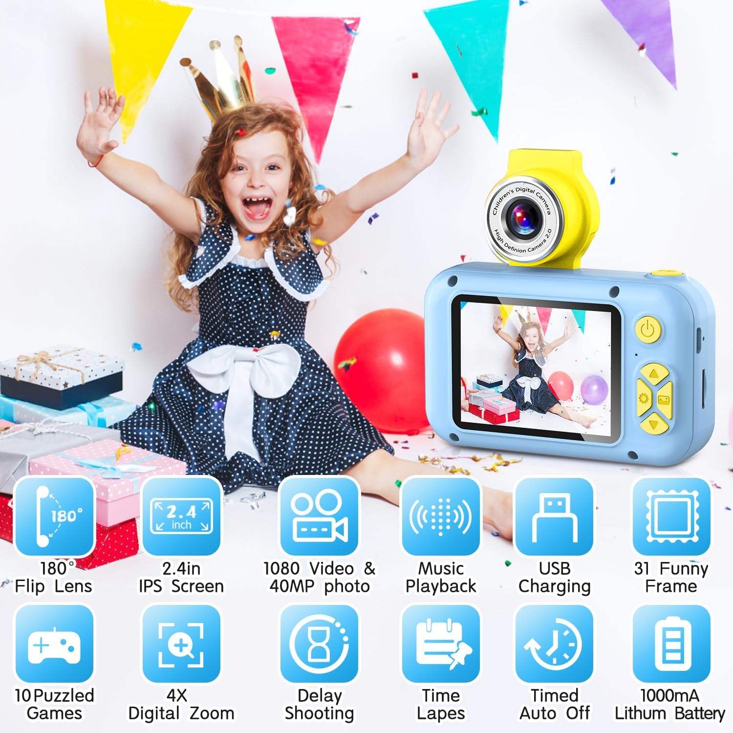 Kid Camera,2.4In IPS Screen Digital Camera,180°Flip Lens