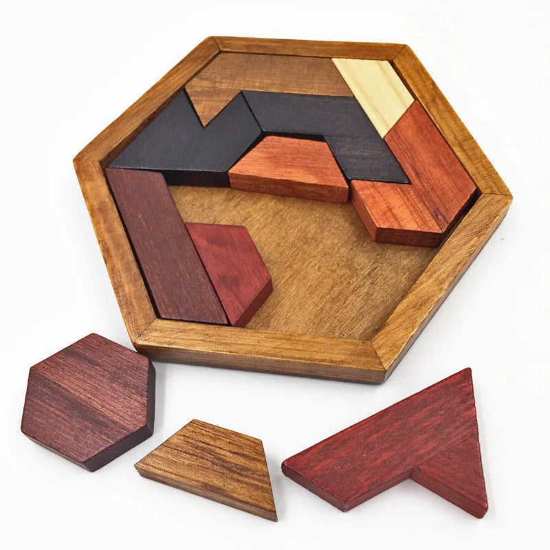 Hexagonal Wooden Puzzles IQ Game Tangram Board 